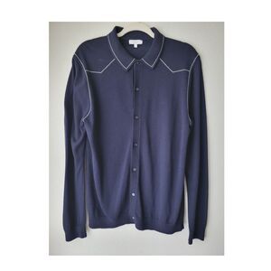 Reiss Wayne Western Knit Shirt Button Top Size L Luxury Casual 70s Navy Cardigan